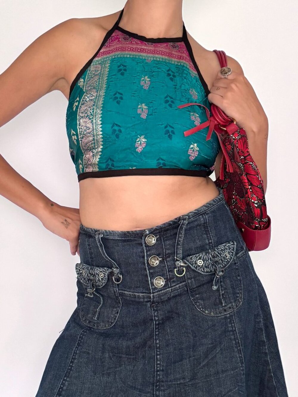 vintage multicolor boho hippy metallic silky backless tie up halter crop top